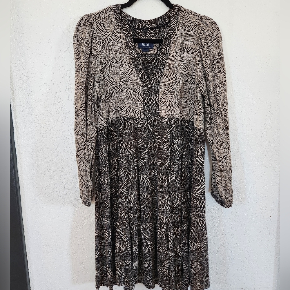 Anthropologie Maeve Brown Tan Patterned Mini Tier Dress Size M Boho Cottagecore